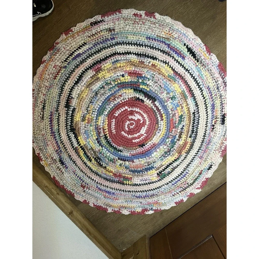 Vintage Handmade Round Rag Rug Braided Crochet Multicolor Boho Damaged
